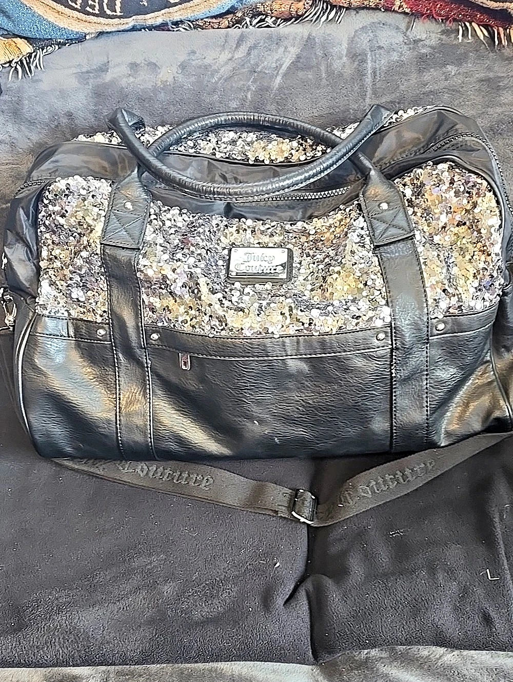 Juicy Couture Sequin Weekender Duffel Bag Black & Silver